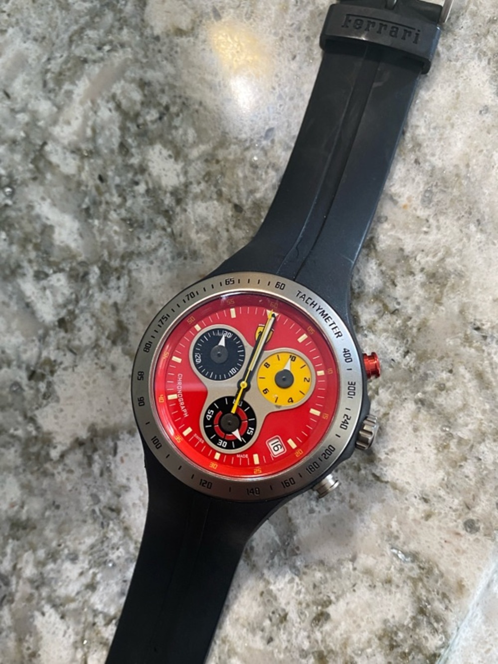 Ferrari Red Dial Watch with Yellow and Black Subdials